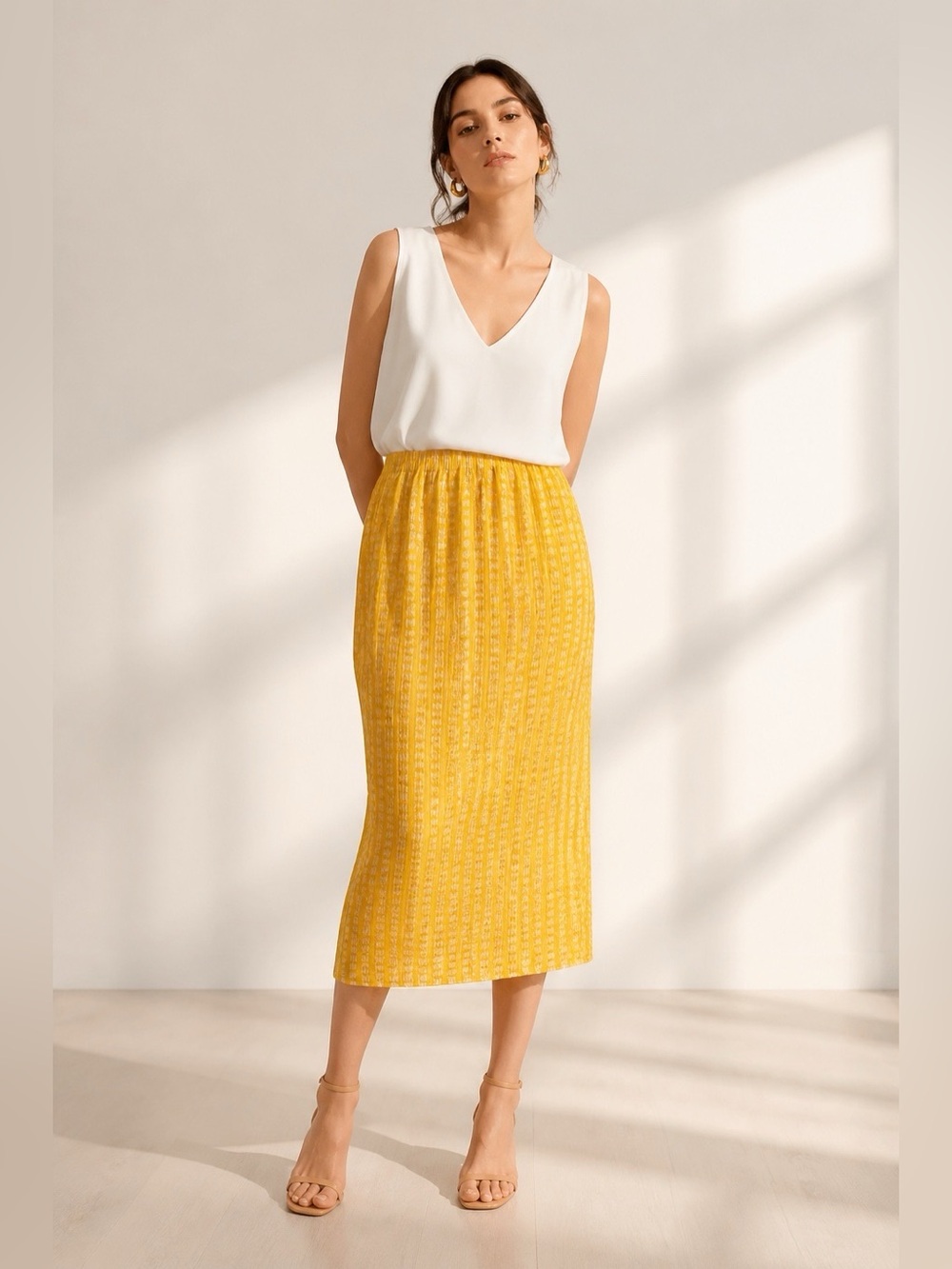 Sun-Kissed Egg Yolk Yellow Textured Pleated High-Waisted Elastic Midi Skirt